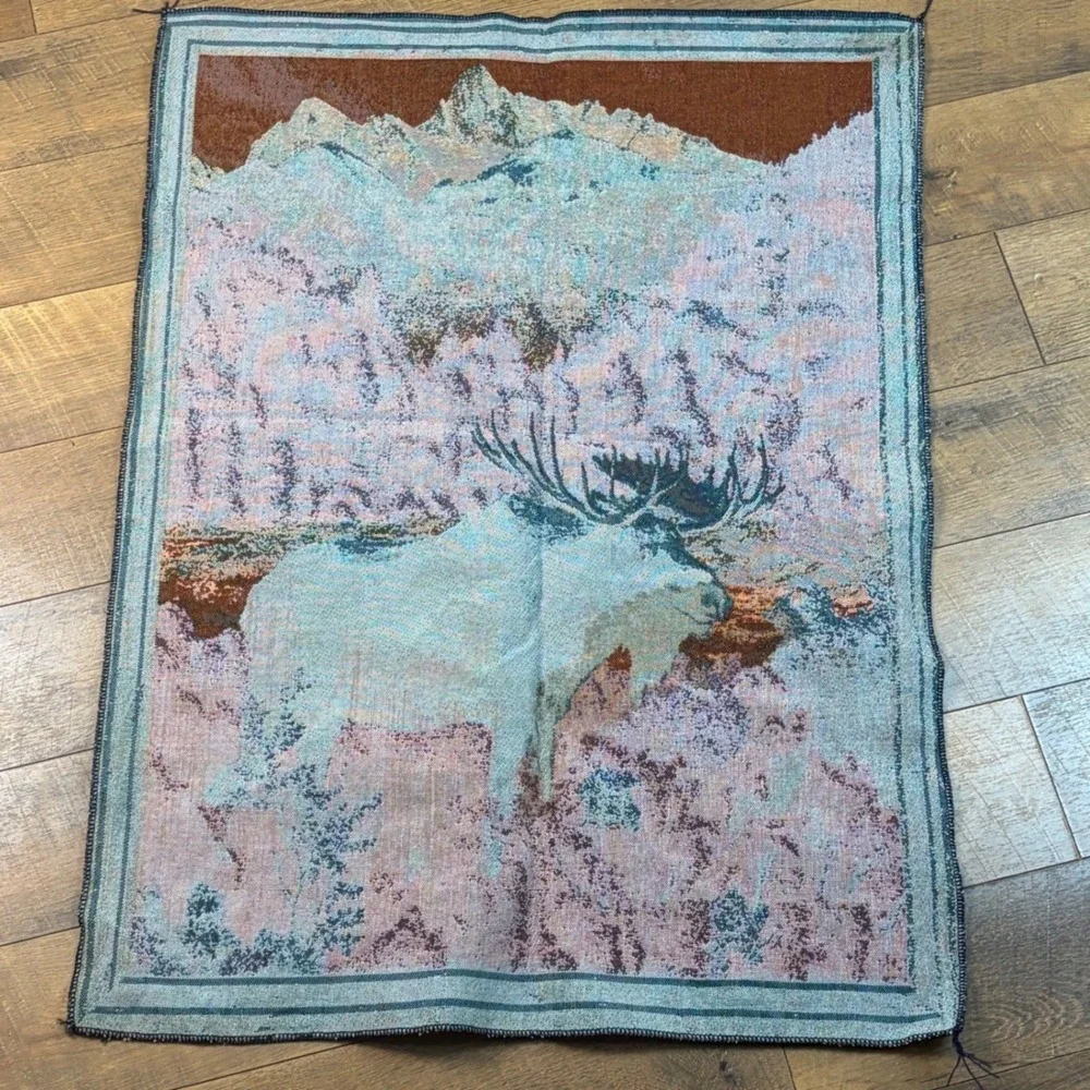 Vintage Moose Mountain River Woven Wall Tapestry Cabin Lodge Rustic 35x26